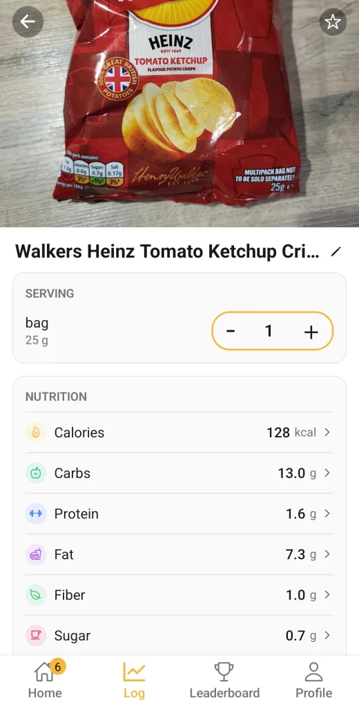 CalQuest nutrition result showing an editable food name, serving size, calorie total, and nutrient details.